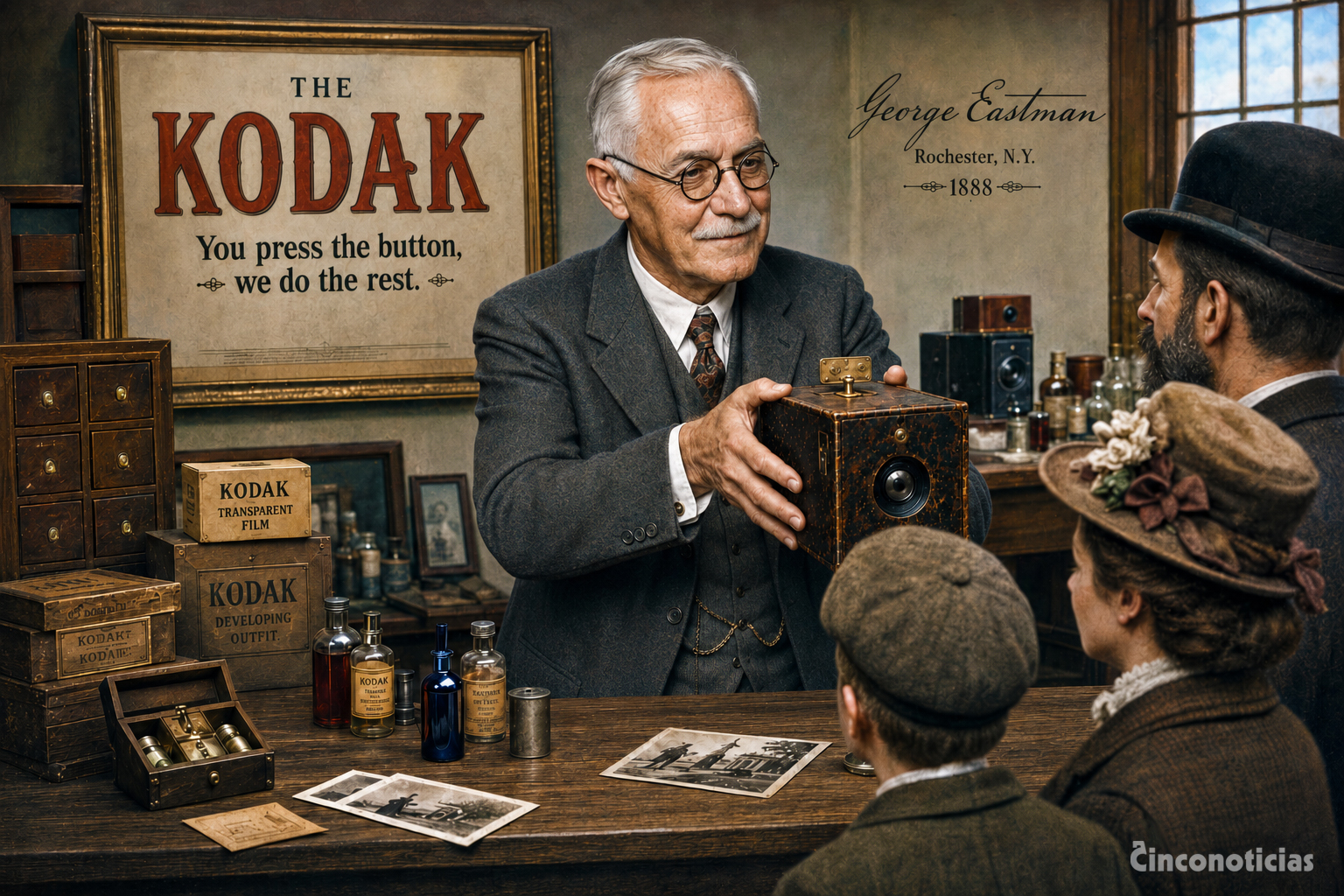 Ilustración que representa a George Eastman, el fundador de Kodak, entregando una de sus nuevas cámaras de foto a unos cliente, 1888