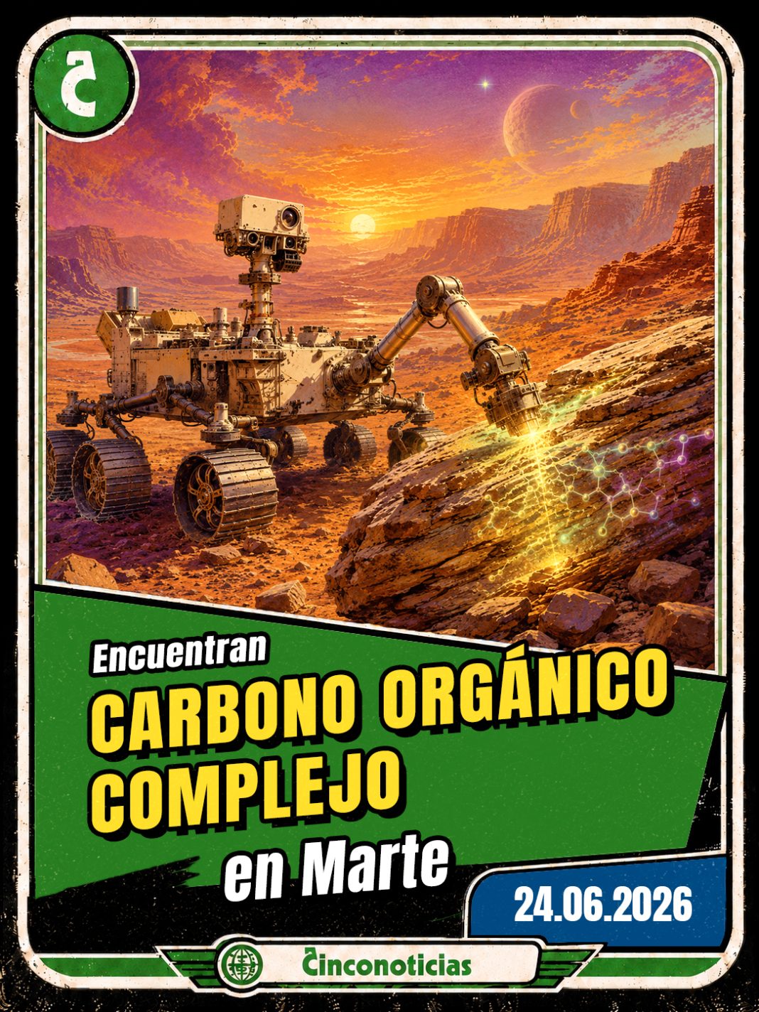 Tarjeta coleccionable Cinconoticias — Marte guarda carbono orgánico complejo en Jezero, 2026 Tarjeta coleccionable Cinconoticias "Encuentran carbono orgánico complejo en Marte"