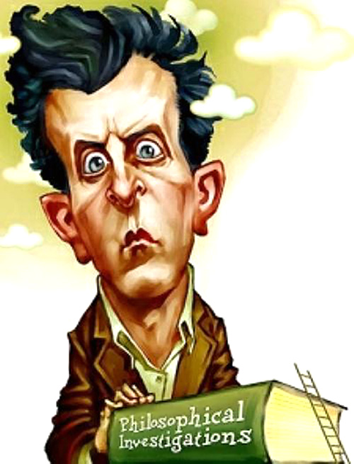 Caricatura de Ludwig Wittgenstein con su libro Philosophical Investigations