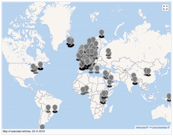 Mapa de mujeres ejecutadas en el mundo en la época de la cacería de brujas