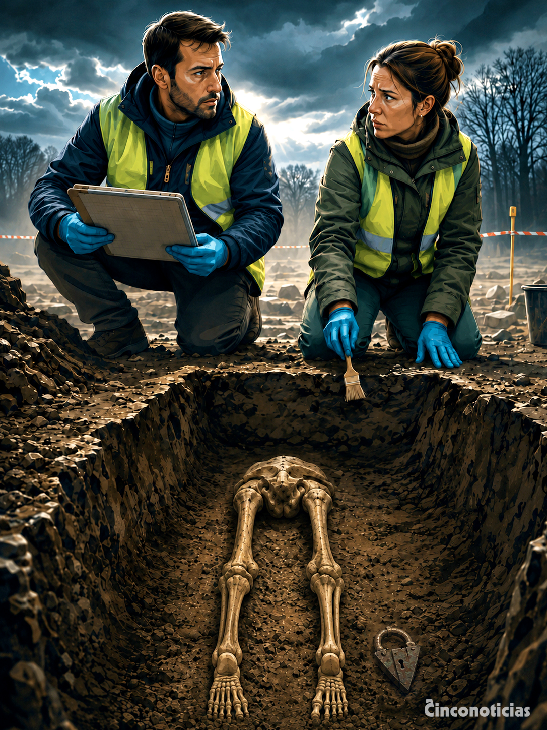 Ilustración de la excavación arqueológica de Pień donde dos investigadores revisan una tumba con restos humanos y un candado triangular
