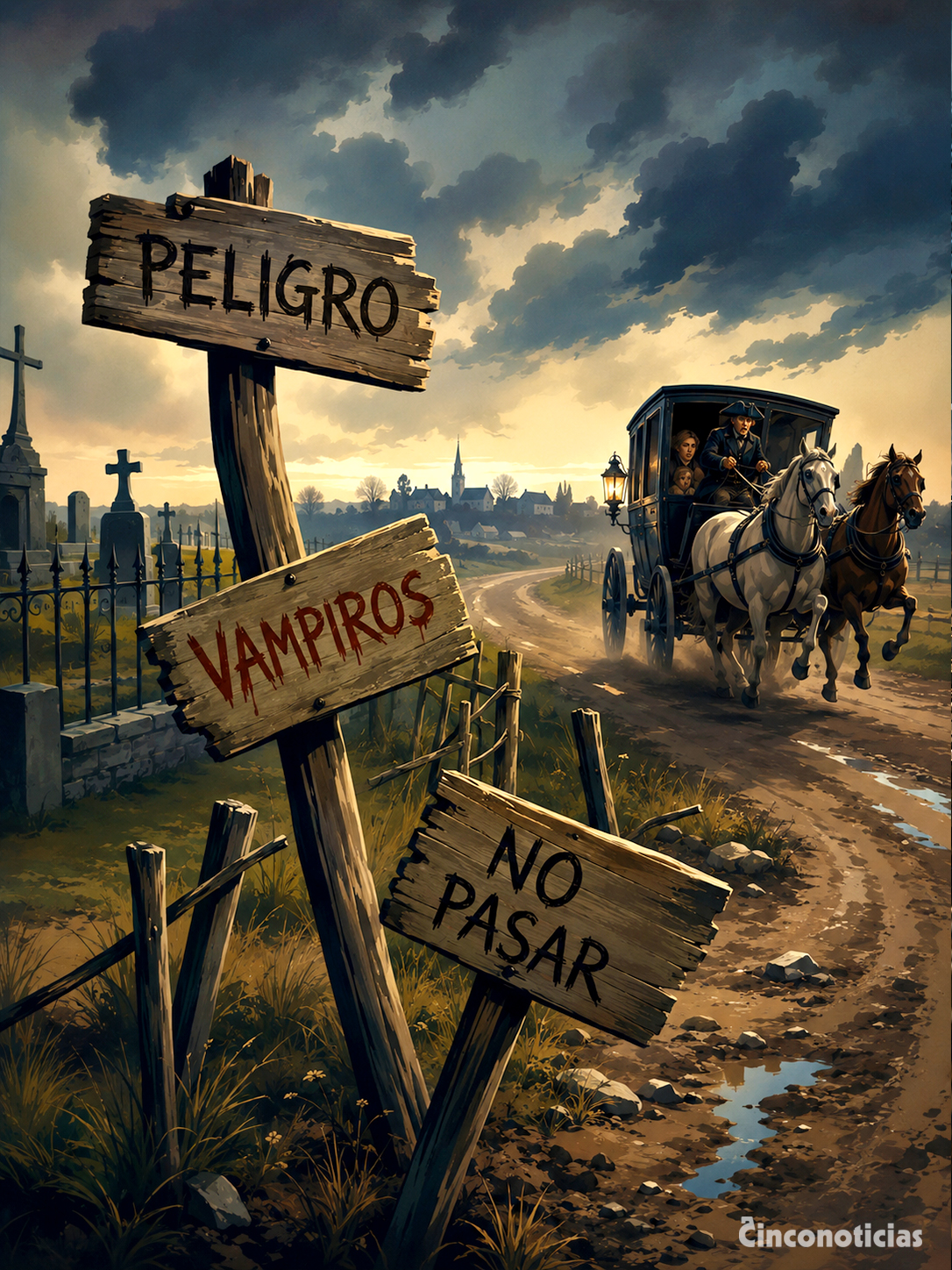 Camino rural junto al cementerio con carteles torcidos de “Peligro”, “Vampiros” y “No pasar” mientras un carruaje huye bajo un cielo de tormenta