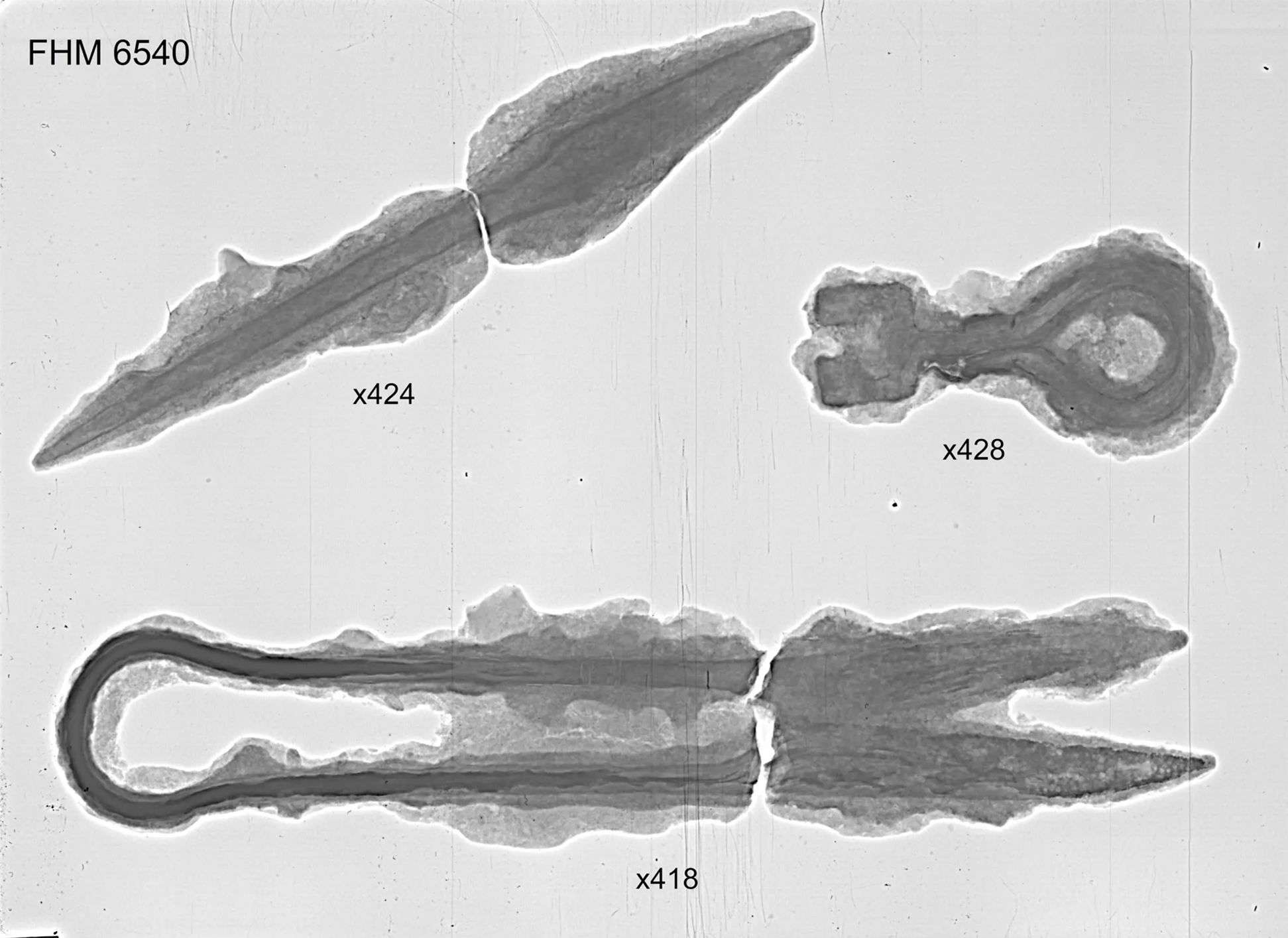 Imagen de rayos X de un cuchillo, tijeras y llave de la época vikinga
