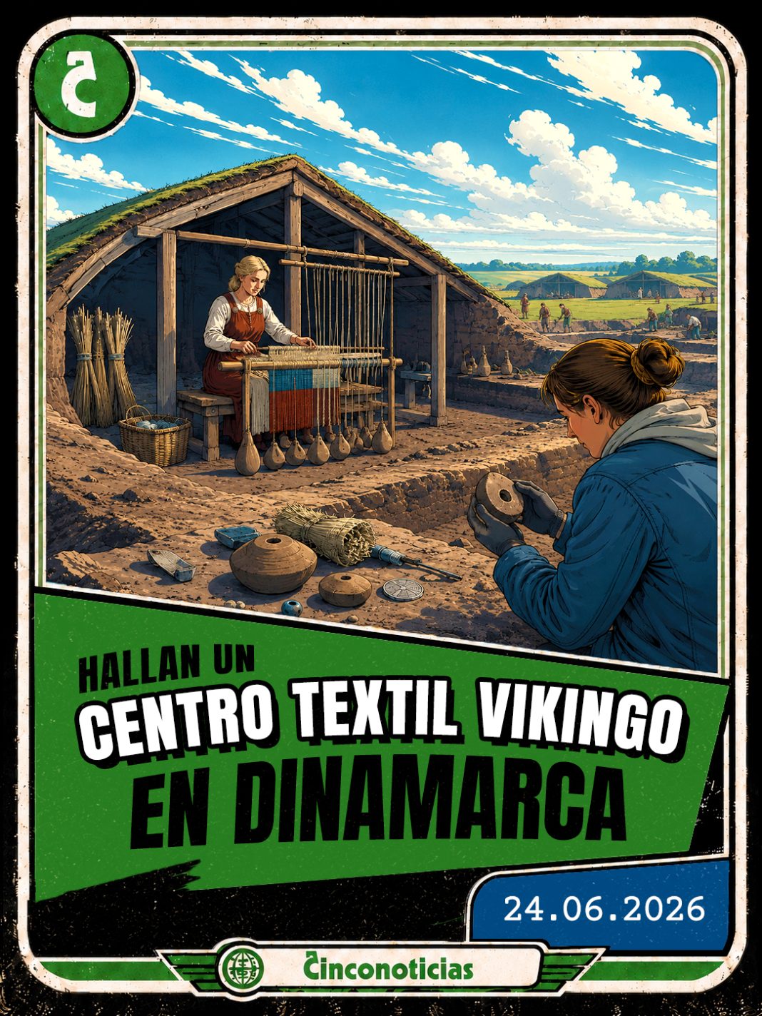 Tarjeta coleccionable Cinconoticias — Hallan un centro textil vikingo en Dinamarca, 2026 Tarjeta coleccionable Cinconoticias "Hallan un centro textil vikingo en Dinamarca"