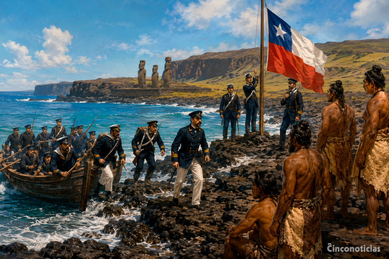 Ilustración sobre el desembarco chileno en la costa de Rapa Nui