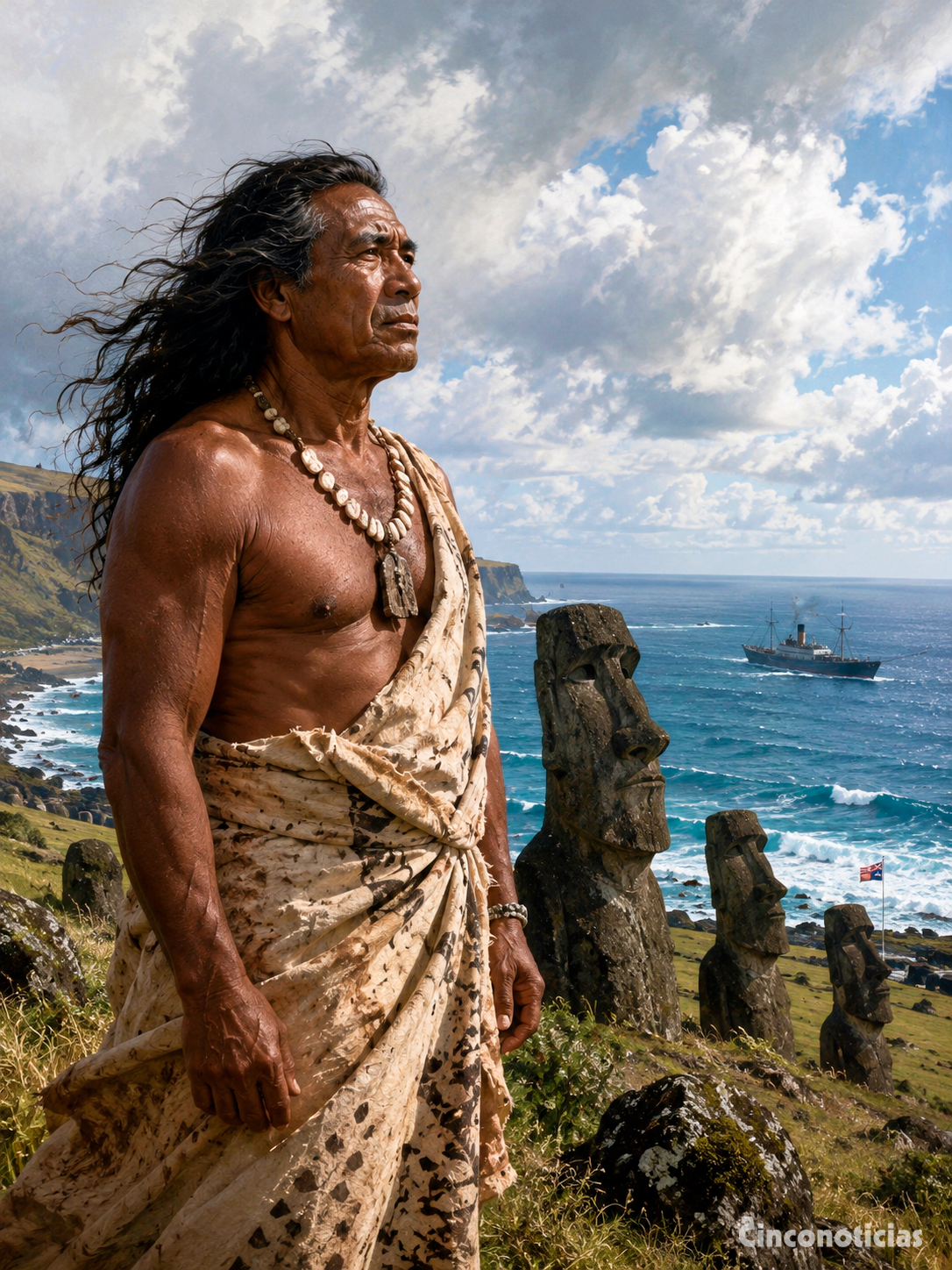 Ilustración sobre un líder rapanui frente al mar con moáis al fondo