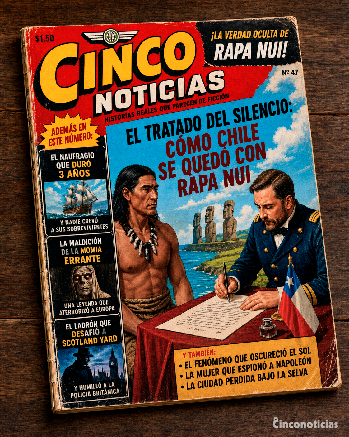 Portada de revista pulp inspirada en la toma de posesión de Rapa Nui por Chile en 1888