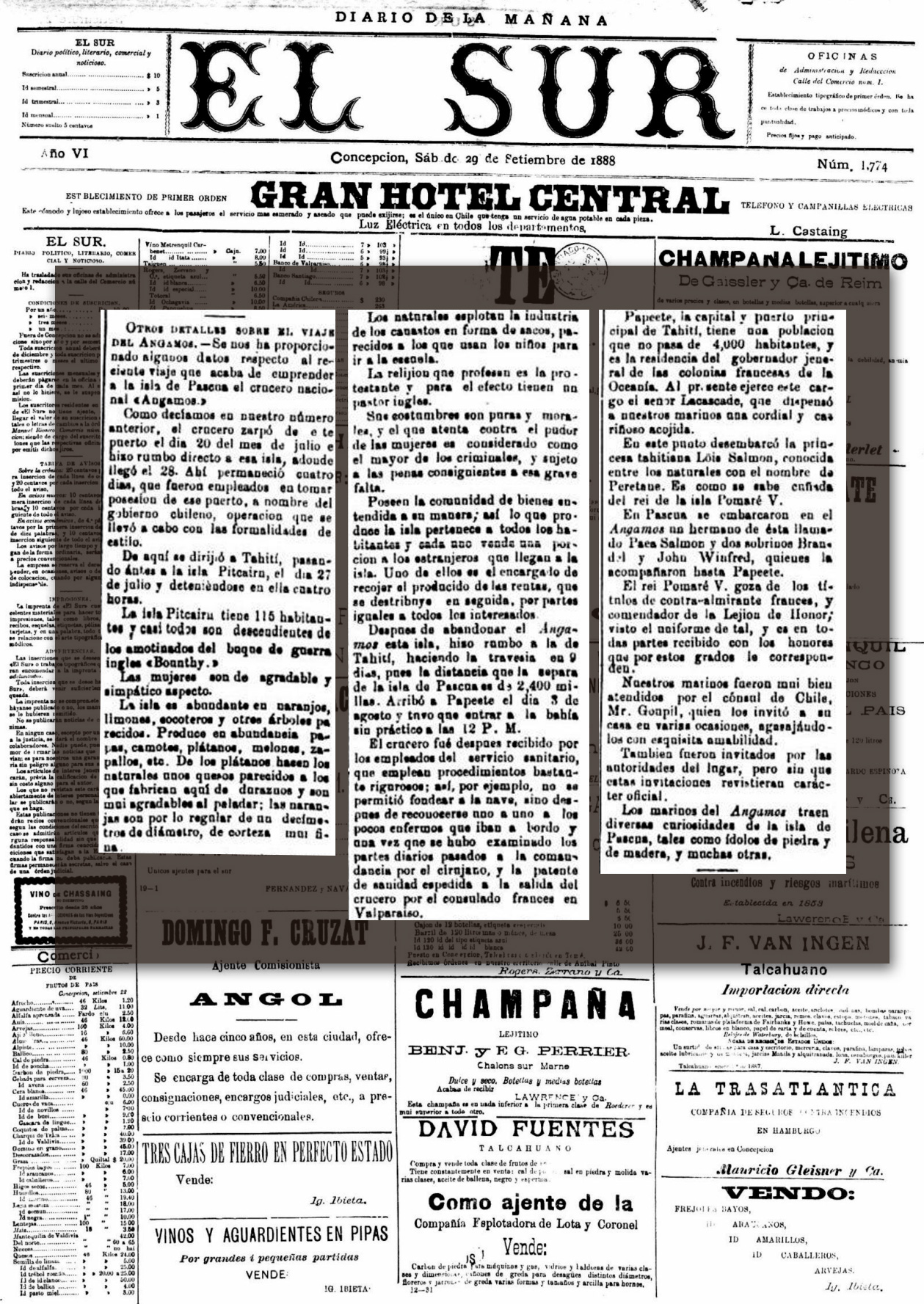 Detalle de la noticia referente a Isla de Pascua y al “Angamos” del diario El Sur, 1888