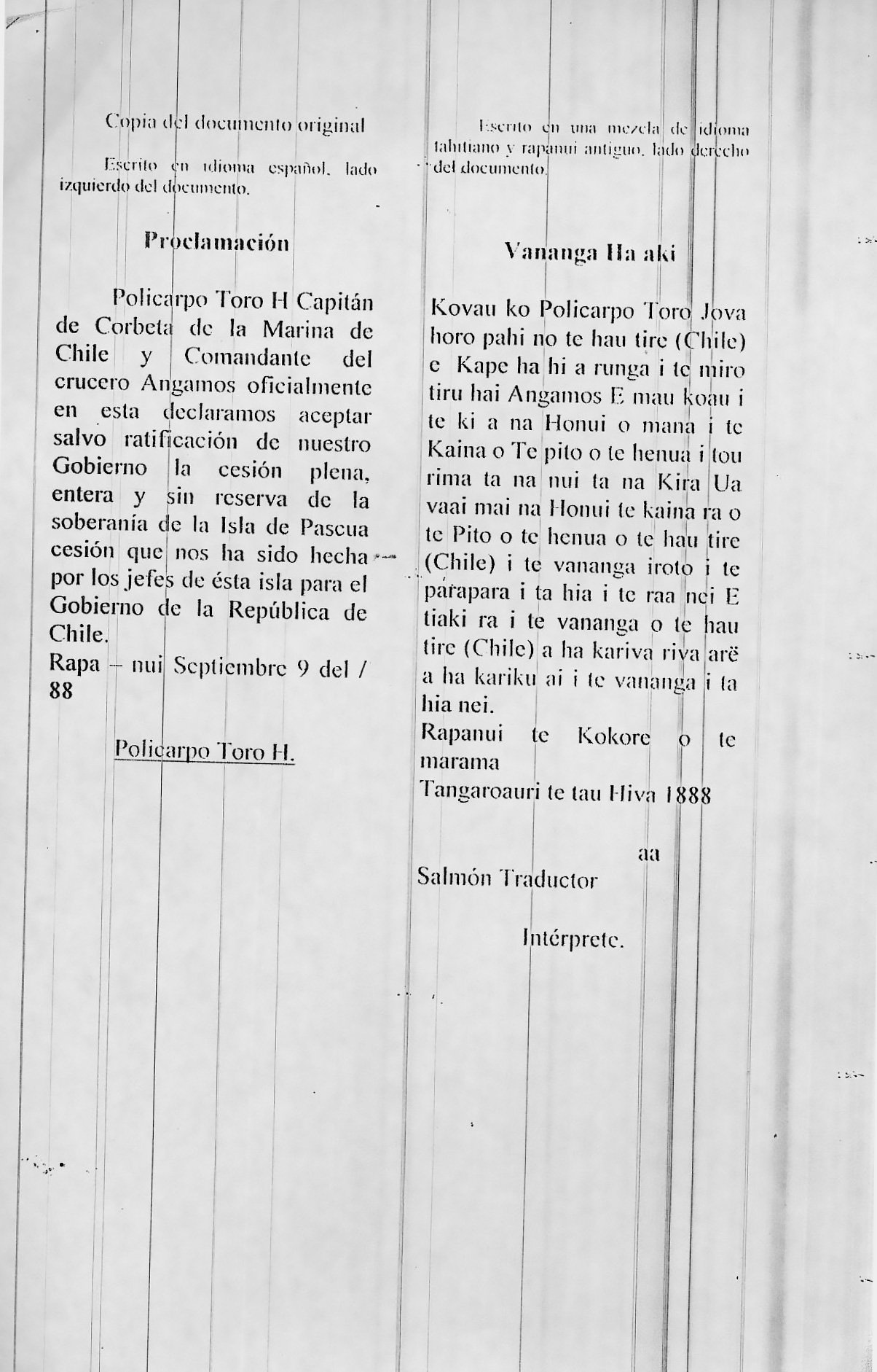 Copia del documento de ‘Proclamación’ de 1888