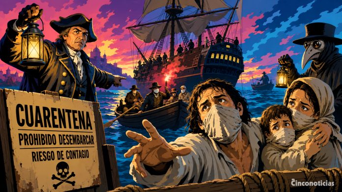 Ilustración de una cuarentena en el mar histórica, con pasajeros confinados frente a un barco detenido en puerto bajo vigilancia sanitaria.