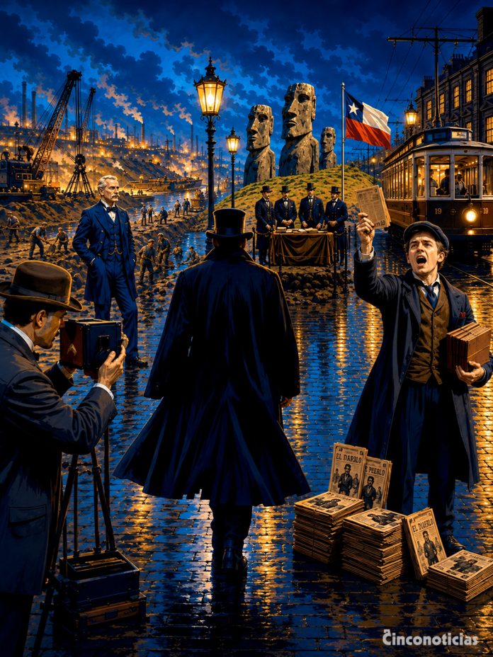 Escena nocturna de 1888 con Jack el Destripador en una calle de Whitechapel, junto a referencias visuales a Kodak, el canal de Panamá, Rapa Nui, National Geographic y el tranvía eléctrico de Melbourne.