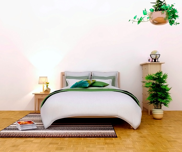 cama en habitación con decoración minimalista