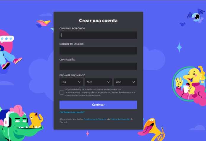 Formulario de registro de Discord.