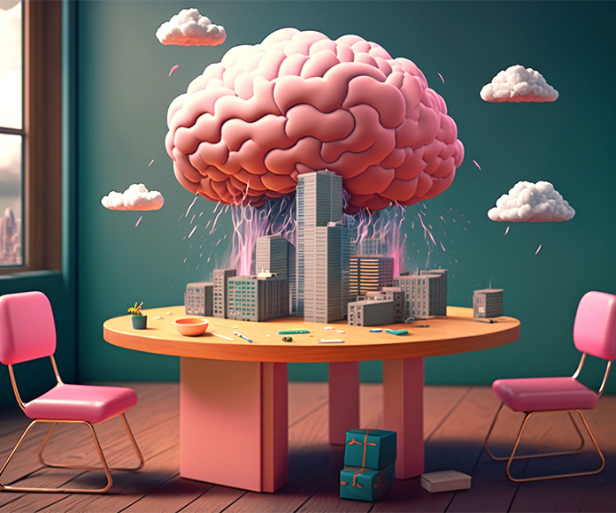 Un gran cerebro descarga una lluvia sobre una mesa de oficina