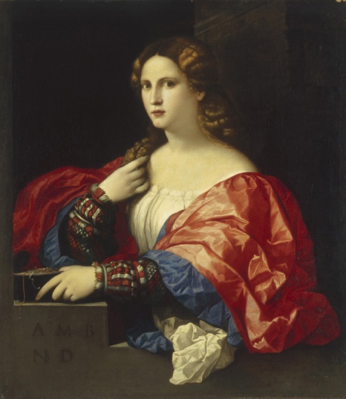 Pintura al óleo de Francesca Caccini, posando con un vestido blanco con hombreras rojas y azules. 