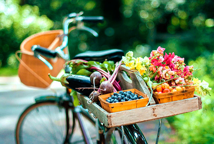 Bicicleta con frutas, verduras y flores