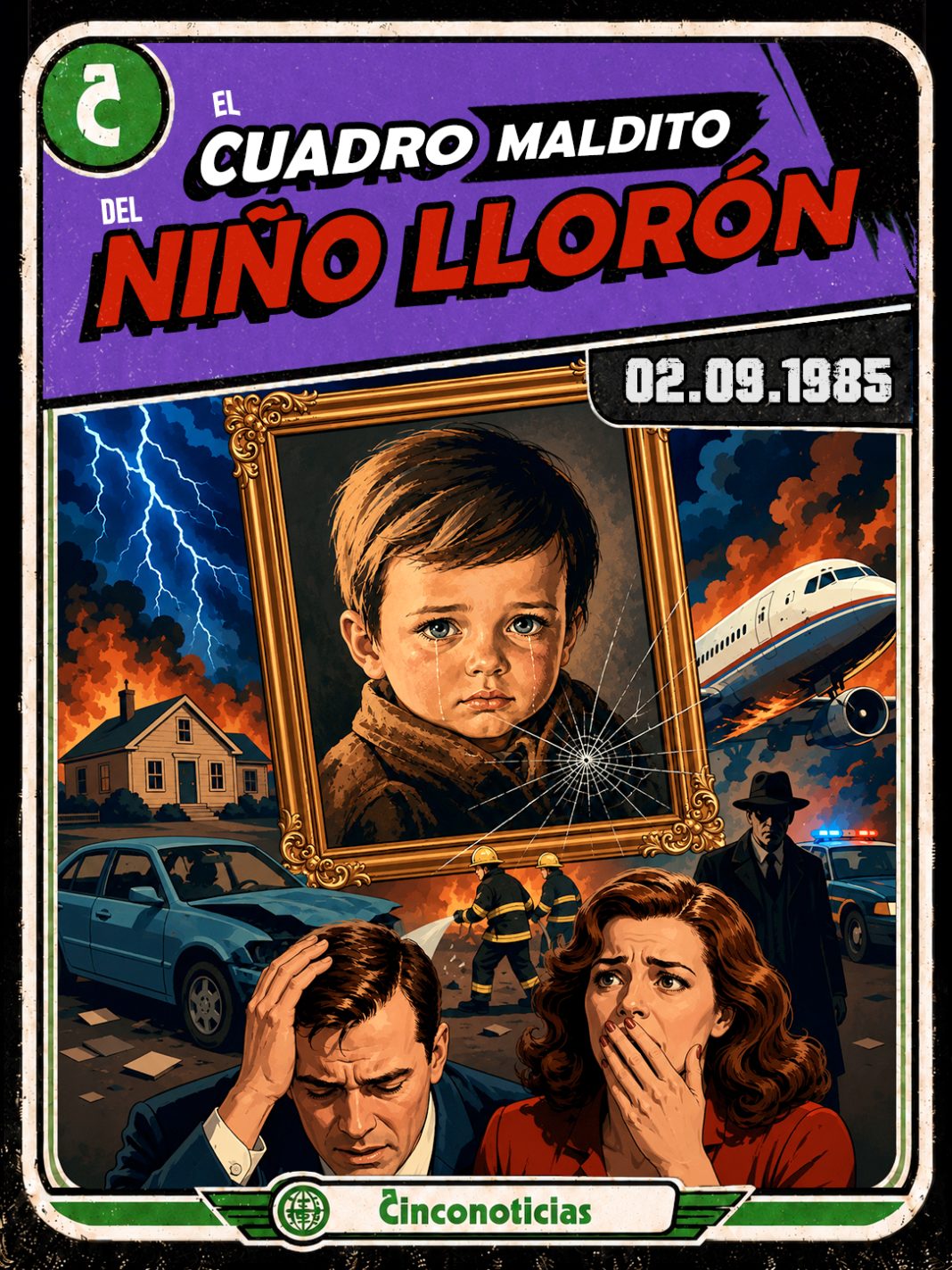 Tarjeta coleccionable Cinconoticias — El cuadro maldito del niño llorón, 1985 Tarjeta coleccionable Cinconoticias "El cuadro maldito del niño llorón", 1985.