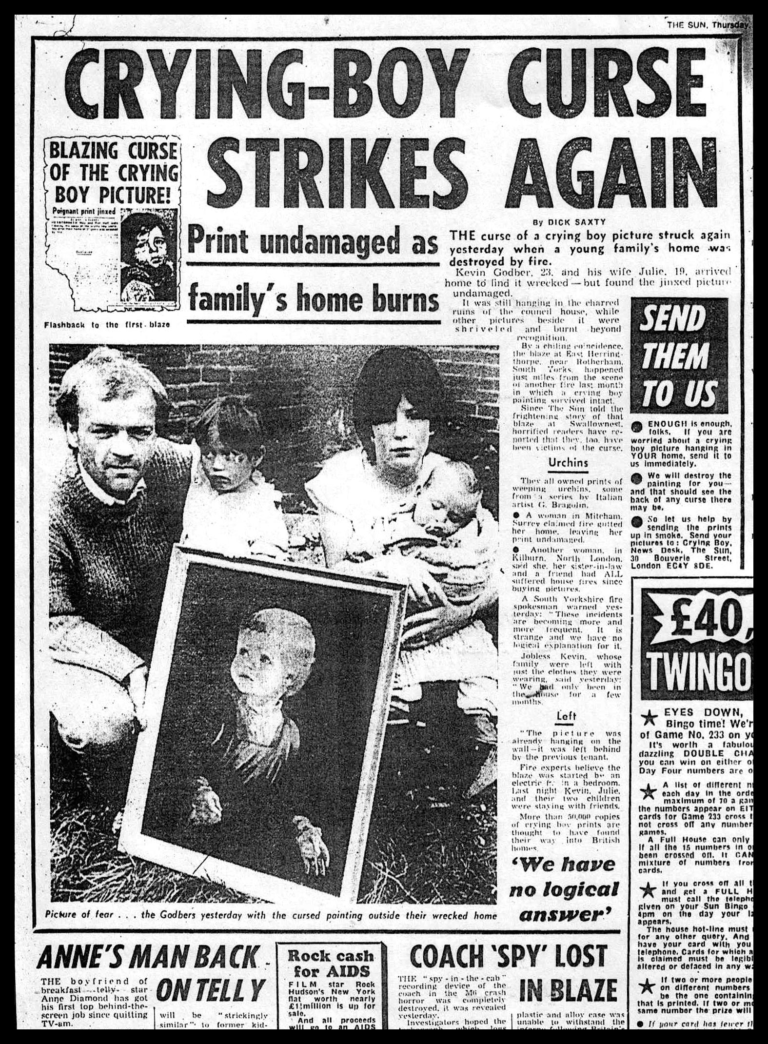 Un artículo del periódico The Sun sobre la maldición del cuadro del niño que llora
