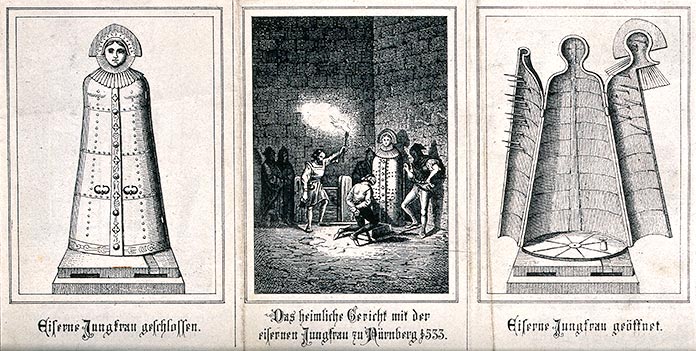 Ilustración de la Dama de Hierro abierta y cerrada y escena de un reo siendo llevado al instrumento de tortura