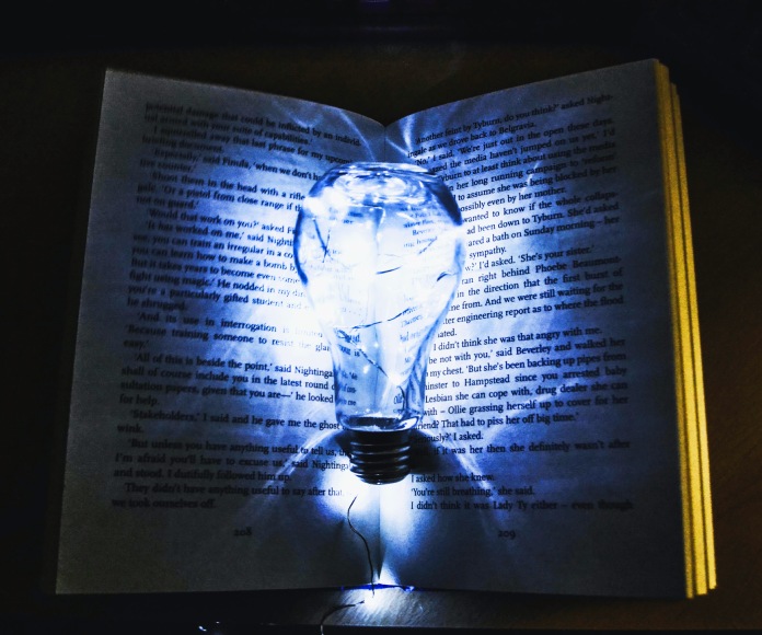 Bombillo iluminado en un libro abierto.