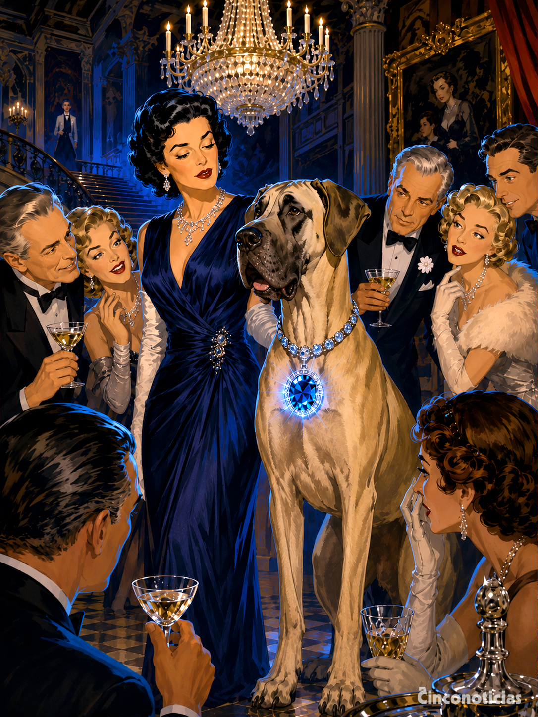 Ilustración de Mike, el gran danés de Evalyn Walsh McLean, con el diamante Hope en su collar durante una fiesta.