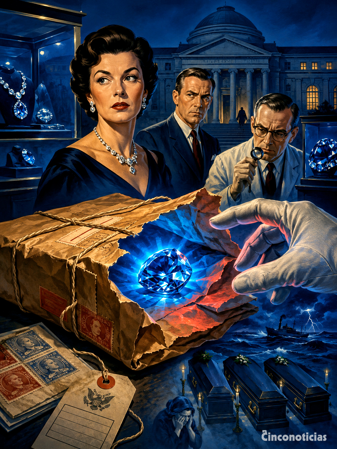 El diamante Hope emerge del paquete postal enviado por Harry Winston al Smithsonian en 1958.
