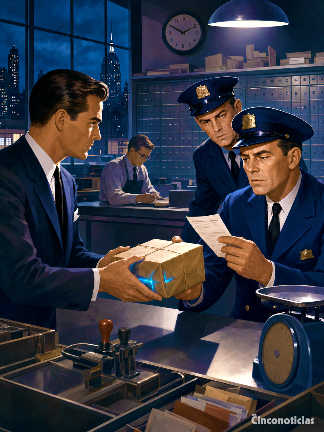 Entrega el paquete postal que contenía el diamante Hope en una oficina de correos de Nueva York.