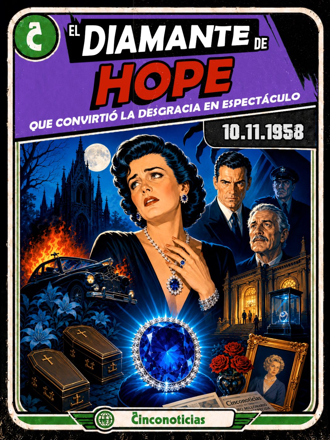 Tarjeta coleccionable Cinconoticias — Diamante de Hope, 1958 Tarjeta coleccionable Cinconoticias "El diamante de Hope, la joya que convirtió la desgracia en espectáculo"