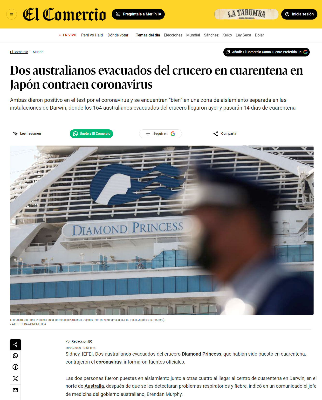 Noticia del periódico peruano El Comercio del 20/02/2020 con el titular «Dos australianos evacuados del crucero en cuarentena en Japón contraen coronavirus"»