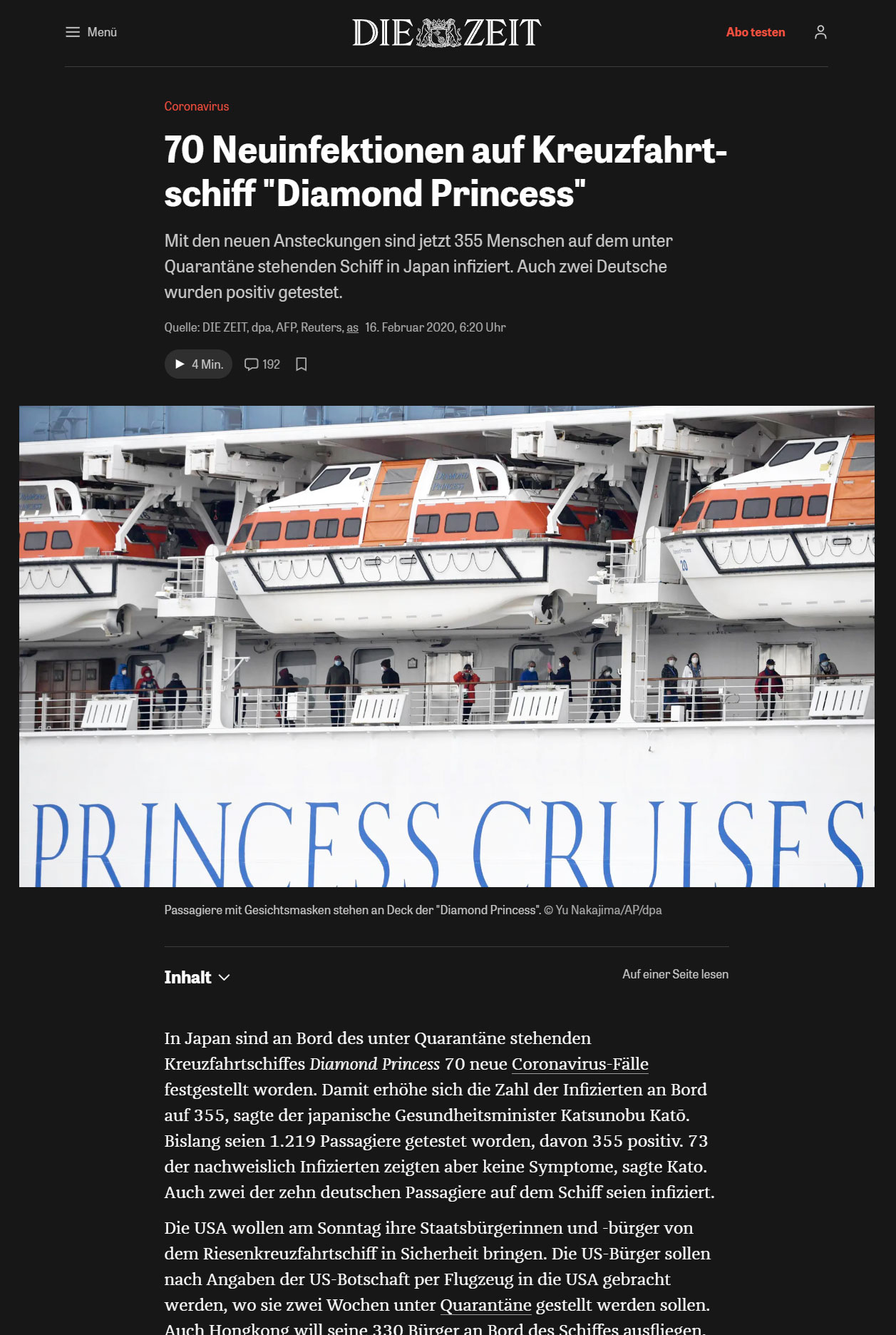 Noticia del periódico alemán Die Zeit del 16/02/2020 «Coronavirus: 70 nuevos contagios en el crucero "Diamond Princess"»