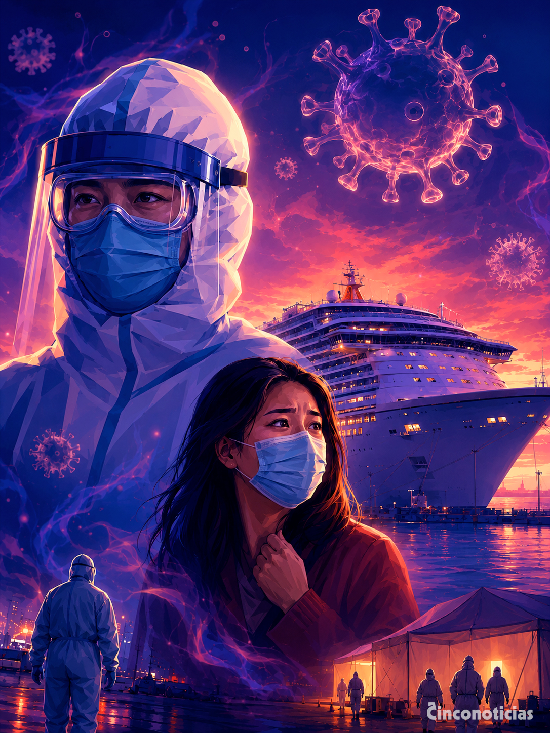 Ilustración inspirada en el caso del Diamond Princess: una sanitaria y una pasajera con mascarillas, con el crucero al fondo y la amenaza del virus como presencia latente sobre el puerto