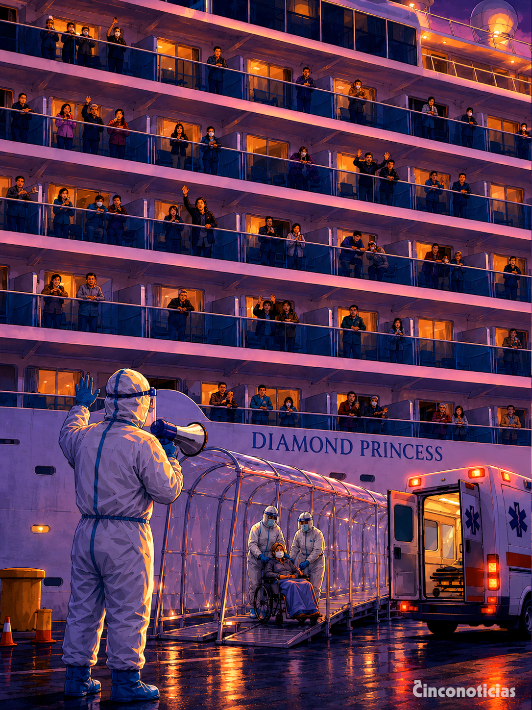 Ilustración sobre el caso Diamond Princess que representa una evacuación médica del barco en febrero de 2020.
