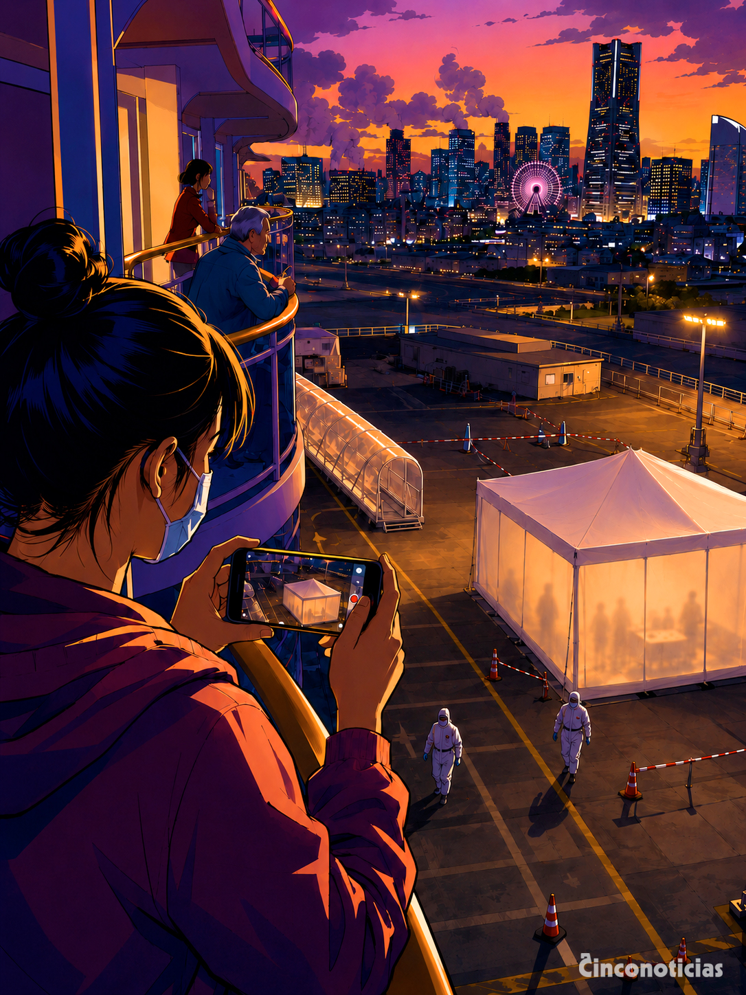Ilustración donde una pasajera graba desde la terraza del Diamond Princess el área acordonada del puerto, con la carpa sanitaria iluminada y la ciudad de Yokohama al fondo.