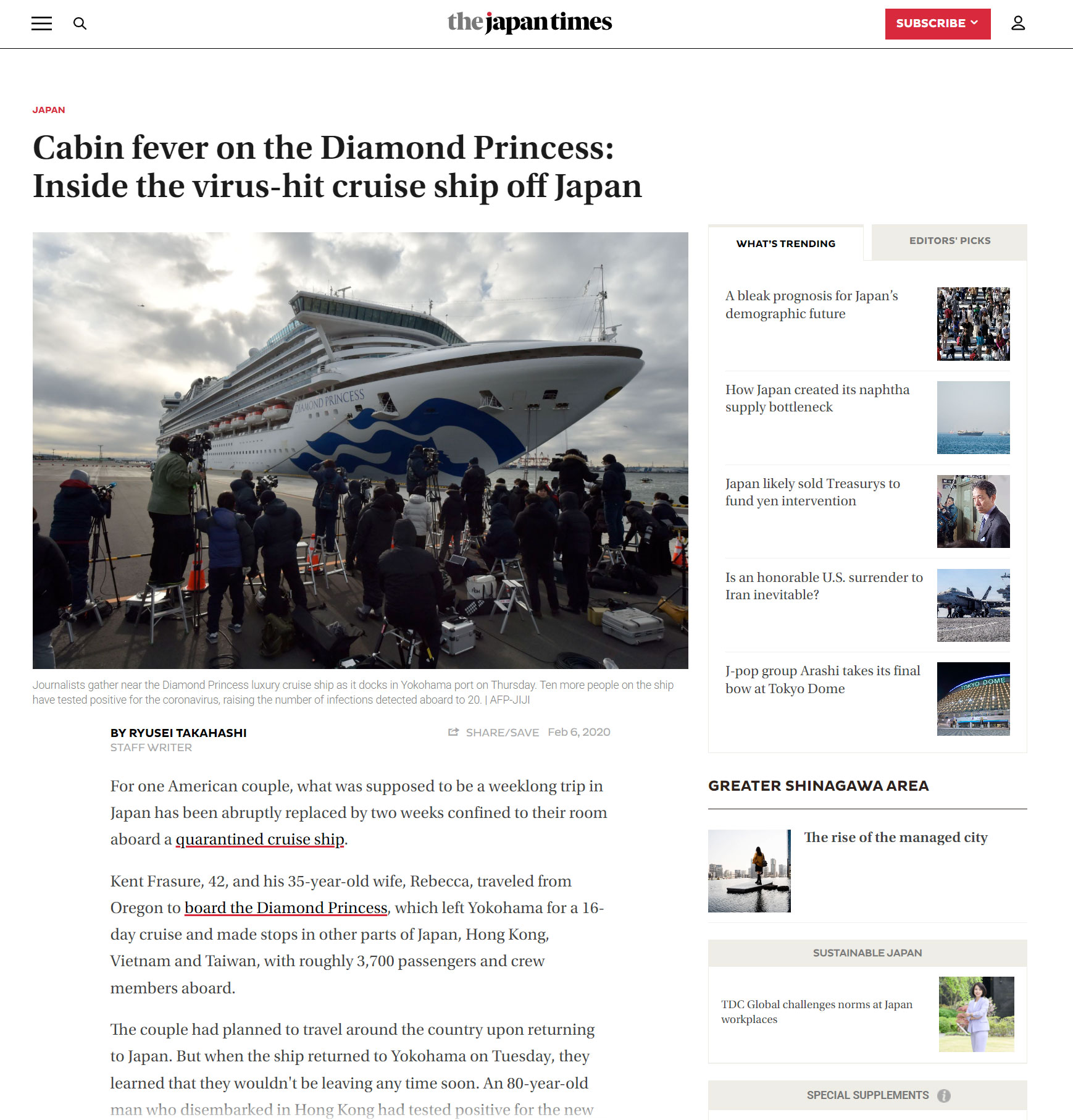 Noticia de The Japan Times del 06/02/2020 con el titular «Fiebre de cabina en el Diamond Princess: Dentro del crucero afectado por el virus frente a las costas de Japón»