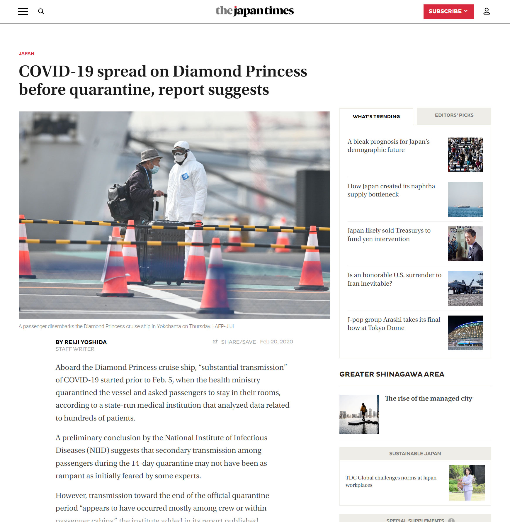 Noticia de The Japan Times del 20/02/2020 con el titular «Según un informe, la COVID-19 se propagó en el Diamond Princess antes de la cuarentena.».