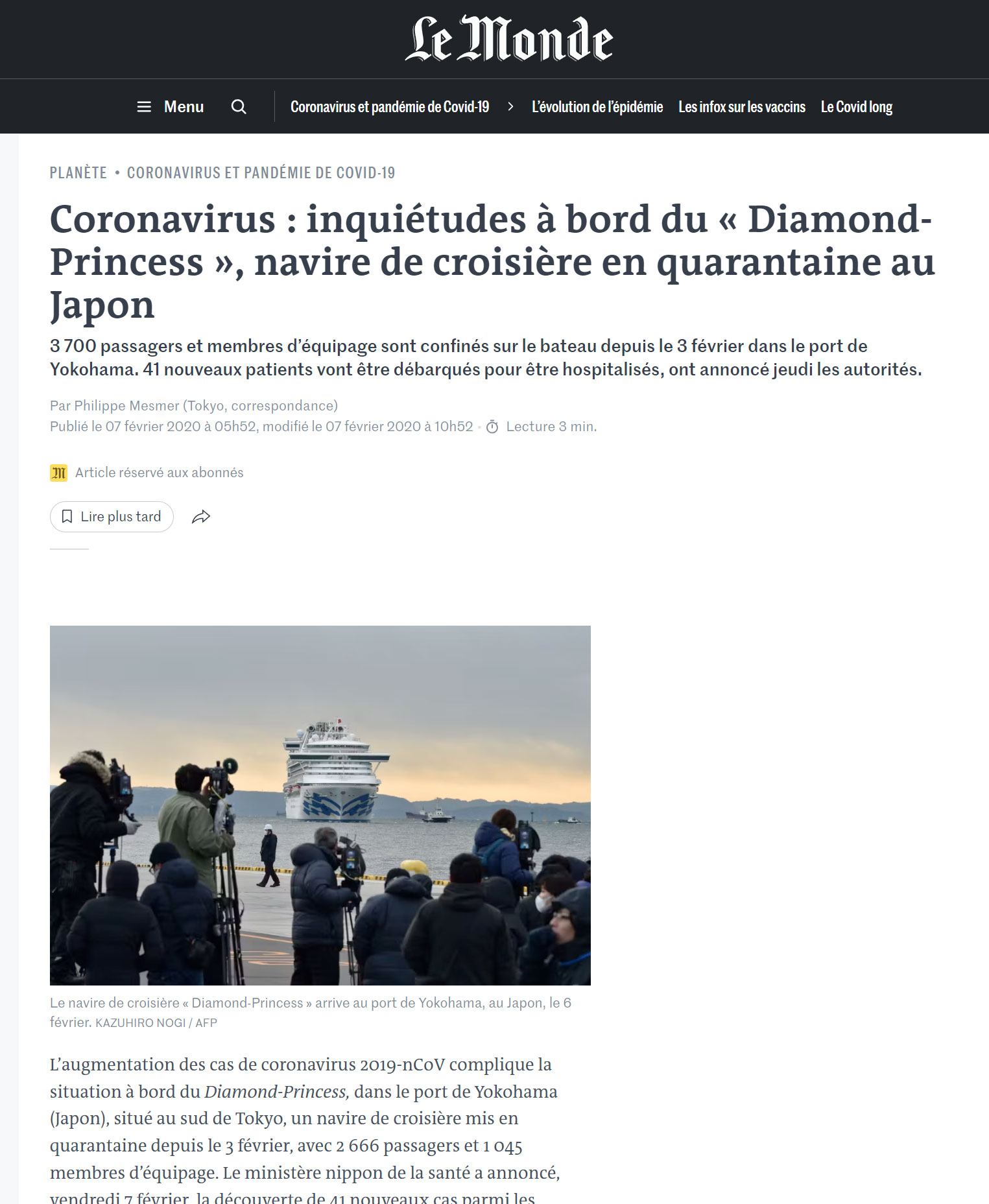 Noticia del periódico Le Monde del 07/02/2020 con el titular «Coronavirus: inquietud a bordo del ‘Diamond Princess’, crucero en cuarentena en Japón»