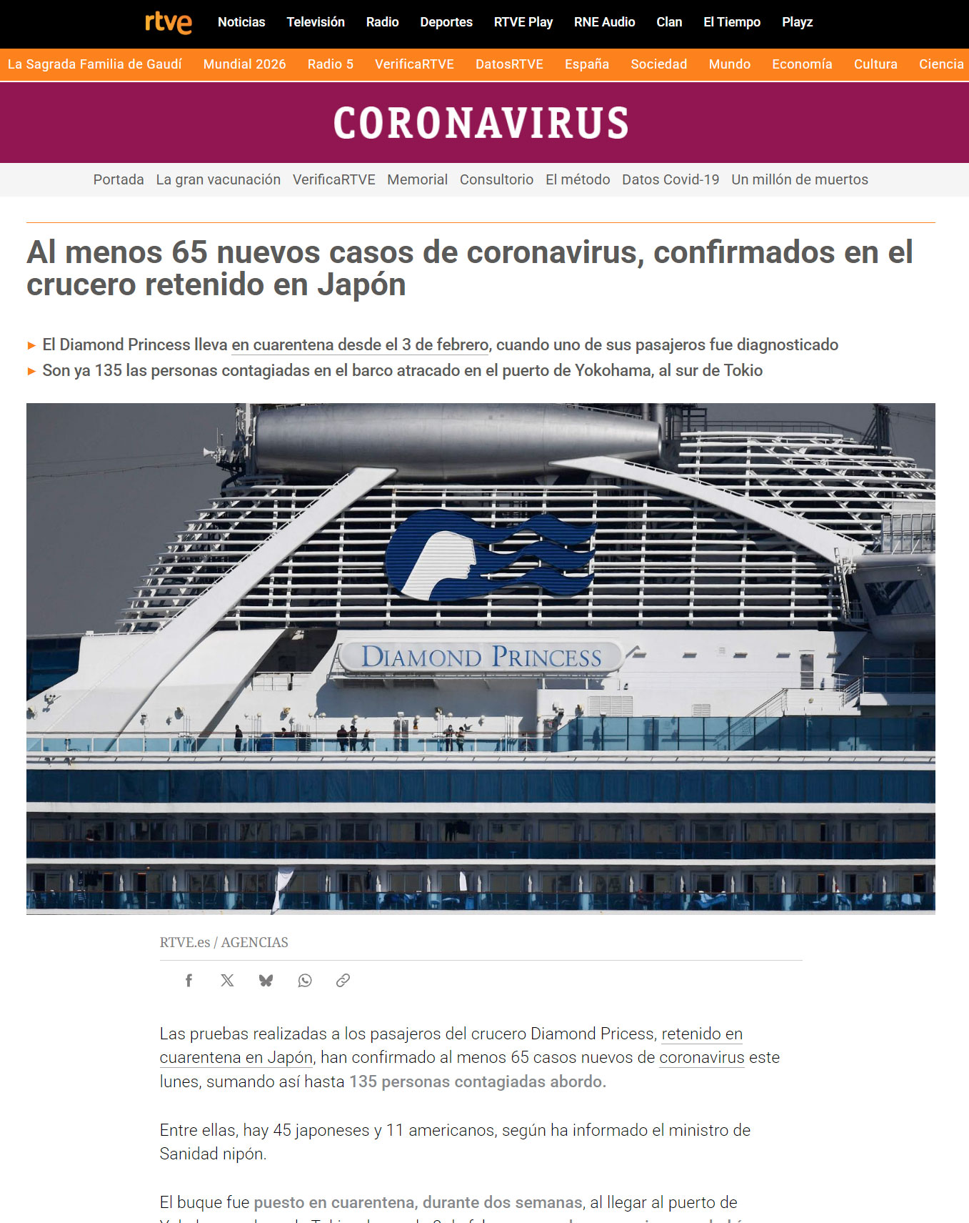 Noticia de RTVE del 10/02/2020 que anuncia «Al menos 65 nuevos casos de coronavirus, confirmados en el crucero retenido en Japón»