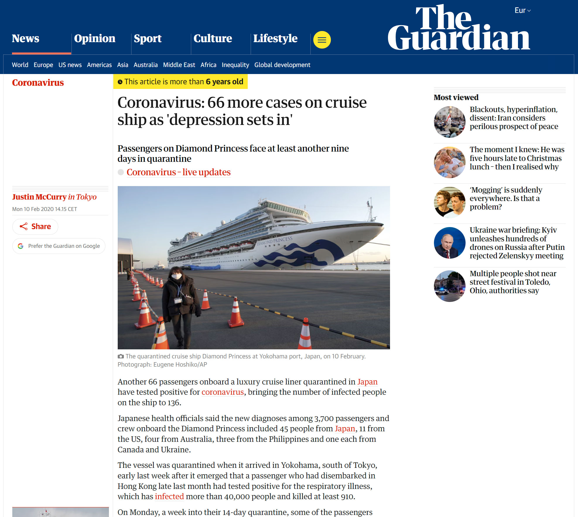 Noticia del periódico The Guardian del 10/02/2020 «Coronavirus: 66 nuevos casos en un crucero mientras la "depresión se instala"»