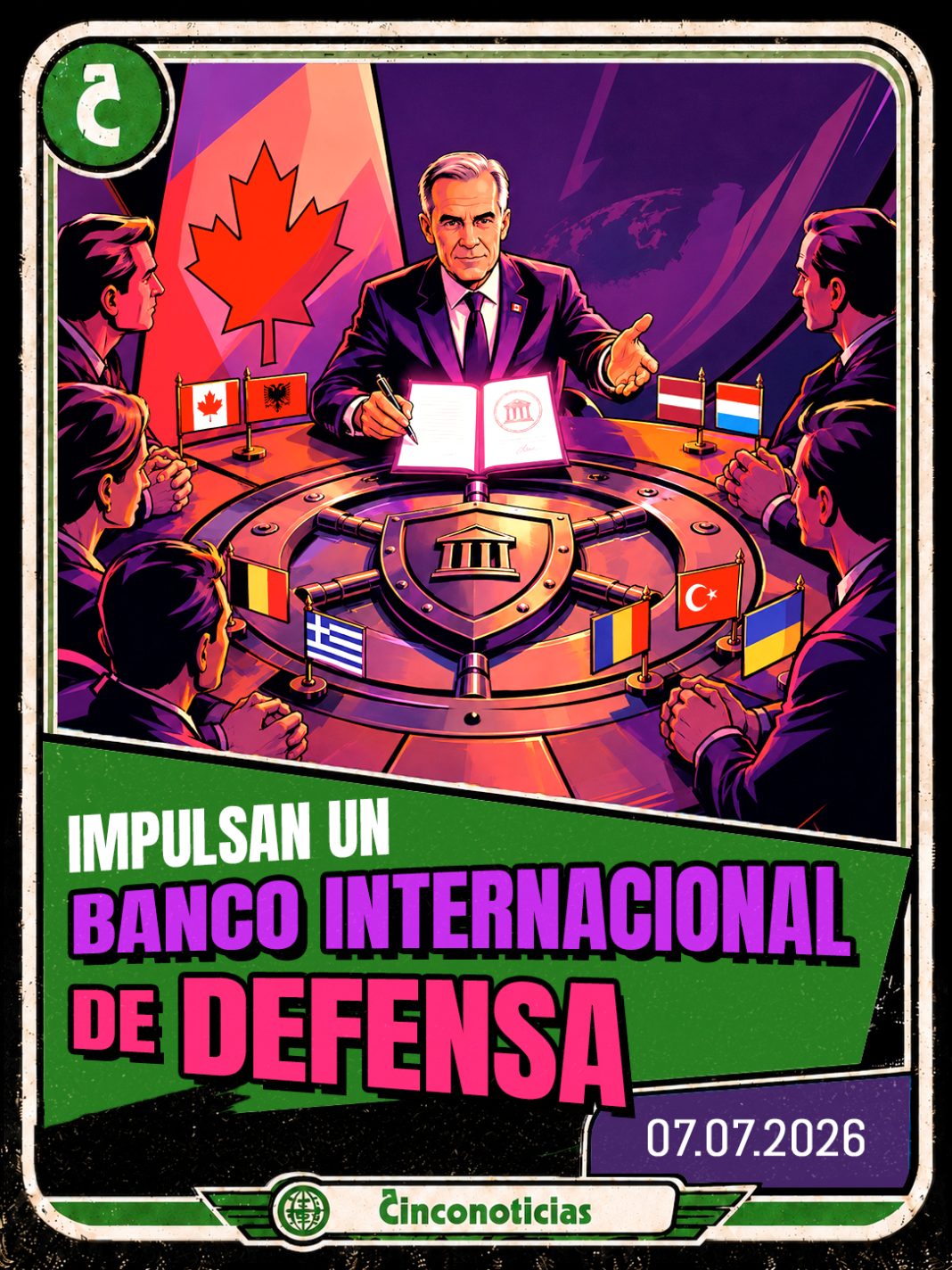 Tarjeta coleccionable Cinconoticias — Impulsan el DSRB, un banco internacional de defensa, 2026 Tarjeta coleccionable Cinconoticias "Impulsan un banco internacional de defensa"