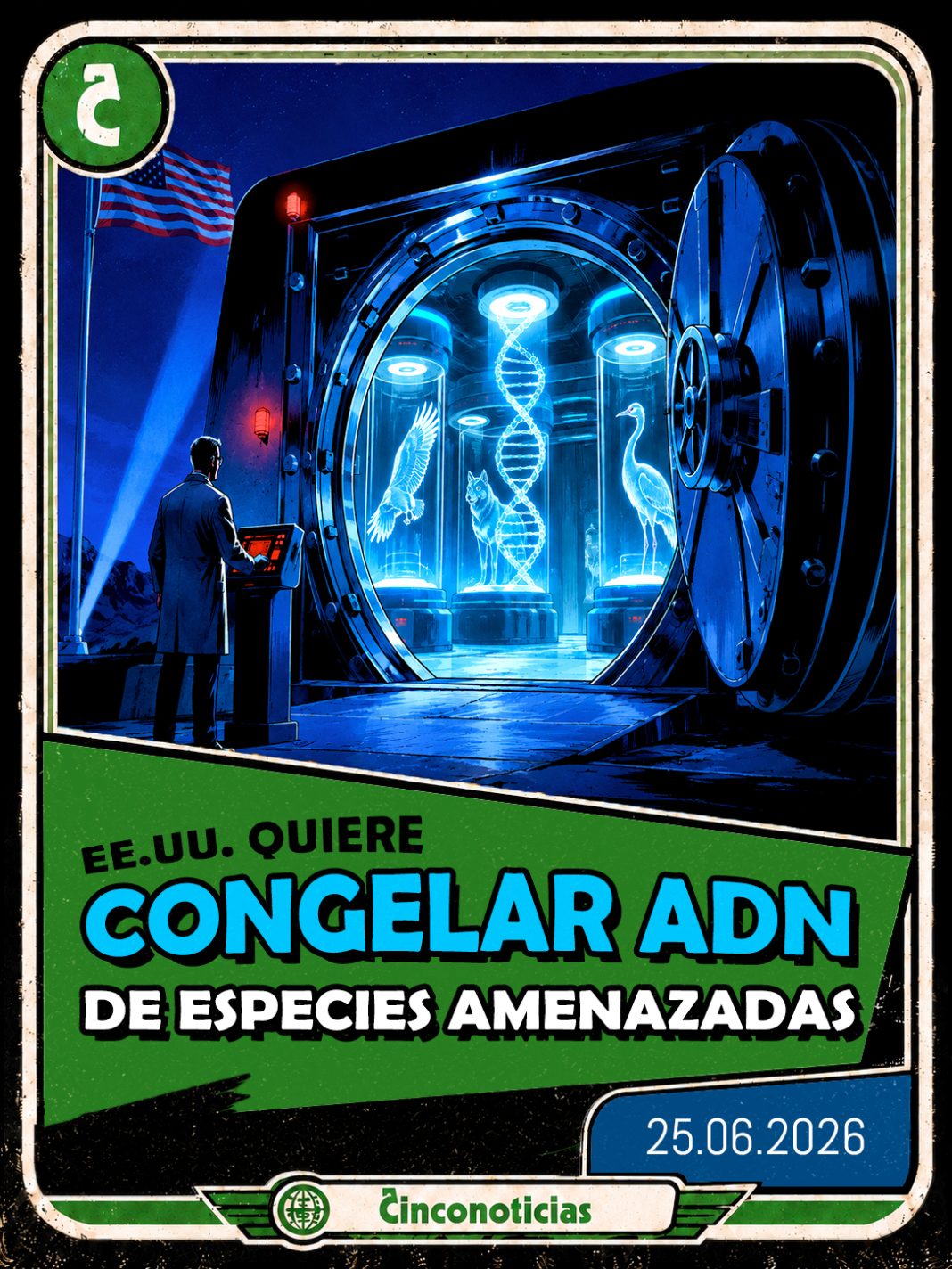 Tarjeta coleccionable Cinconoticias — EE. UU. creará un archivo genómico de especies amenazadas, 2026 Tarjeta coleccionable Cinconoticias "EE. UU. quiere congelar el ADN de todas sus especies amenazadas"