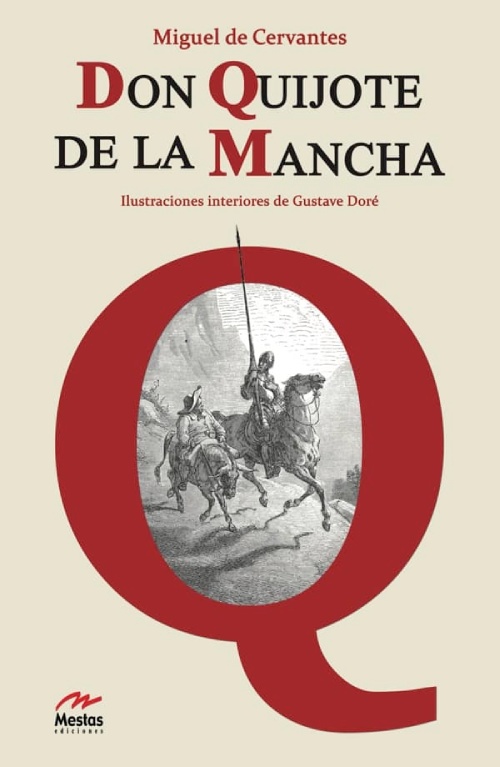 El cover del libro es una letra Q que funciona como marco para la imagen de un caballero y un hombre a caball