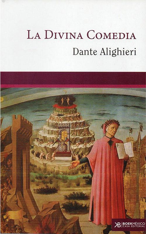 El cover del libro muestra a un hombre con una túnica roja y un libro en la mano, parado frente a una pirámide que presenta el Inferno, Purgartorio y Paraíso.