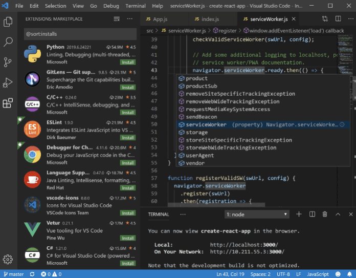 Ejemplos de software de aplicación: Visual Studio Code