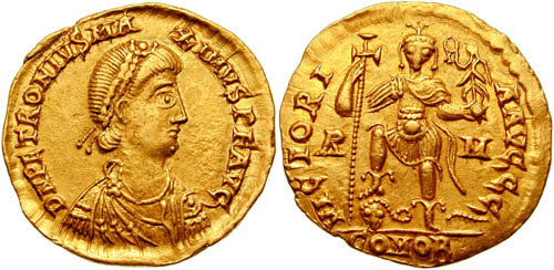 Moneda con retrato de Petronio Máximo 