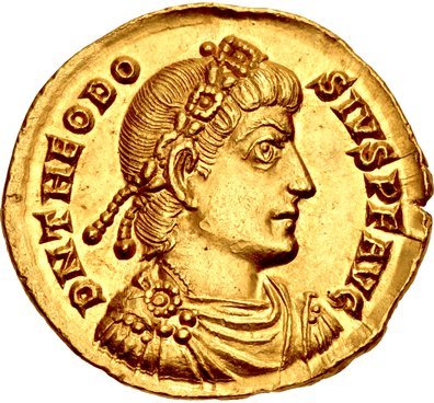 Áureo con retrato de Teodosio I, fundador de la dinastía Teodosiana de emperadores romanos