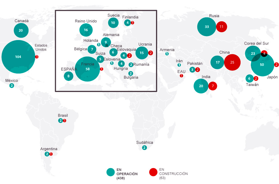 Mapa de los reactores nucleares que existen en el mundo