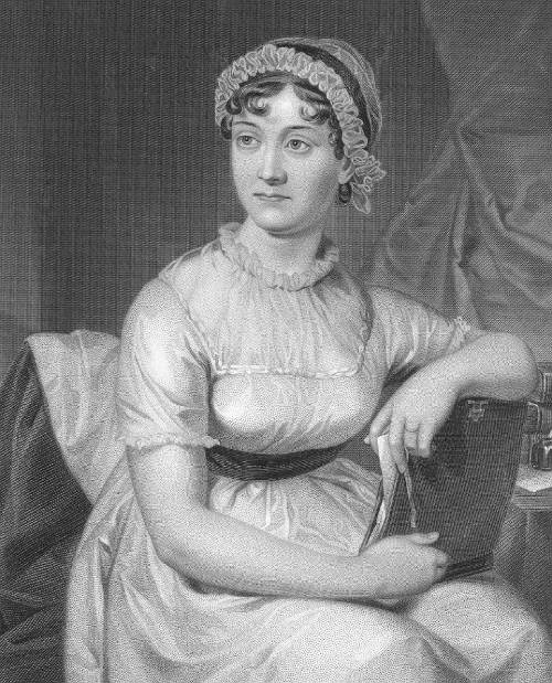 Retrato en banco y negro de Jane Austen. Luce un vestido largo, tiene un diario en su mano y mira a la izquierda. 