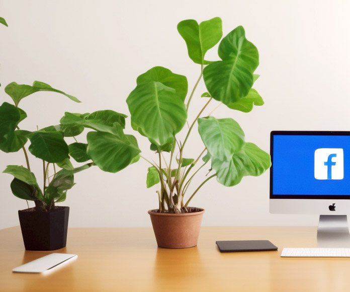 Escritorio con un iMac con el logo de Facebook y dos plantas