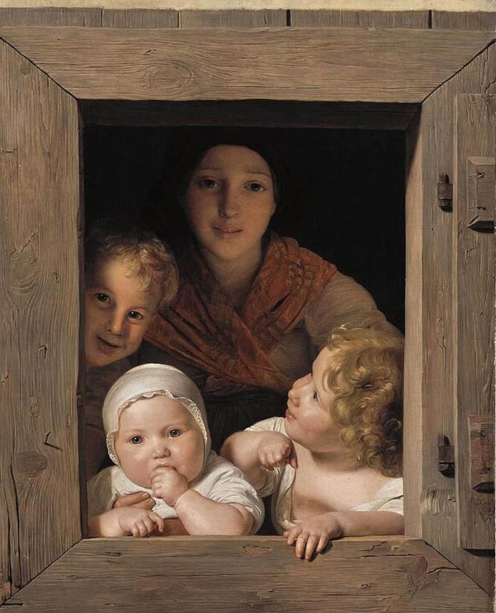 Estilo realista - Joven campesina con tres niños en la ventana - Ferdinand Georg Waldmüller