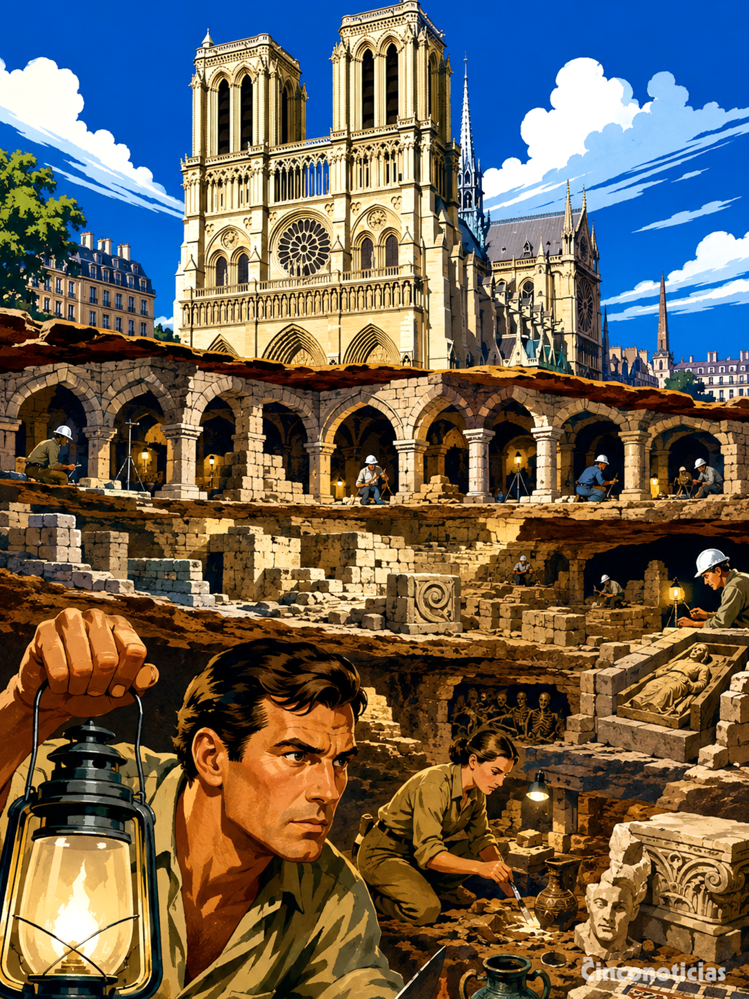 Excavación bajo Notre Dame que revela las capas ocultas de París bajo la catedral, 2026.